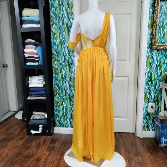 Miss Circle Back In Style Silk Pleated Corset Slit Maxi Dress Yellow XXS NWT - Picture 10 of 15